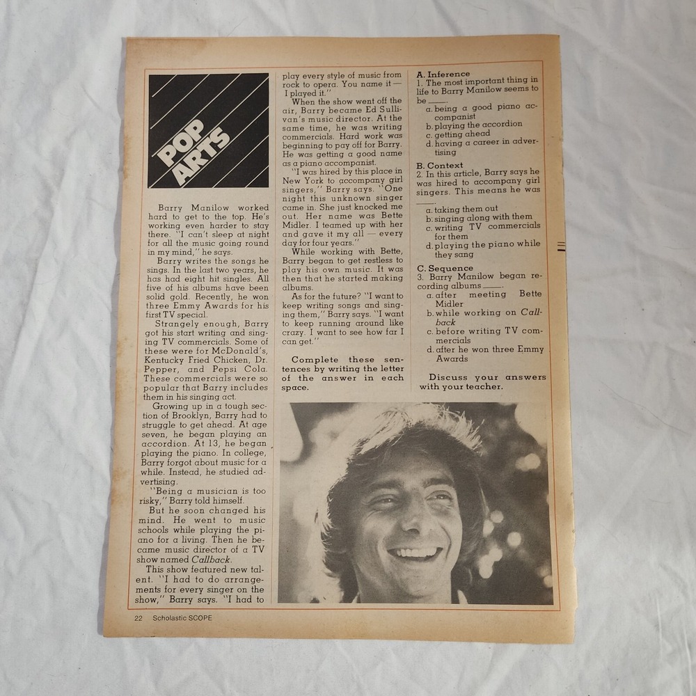 Barry Manilow 1 page article Scholastic Scope magazine 11/3/77 vintage clipping